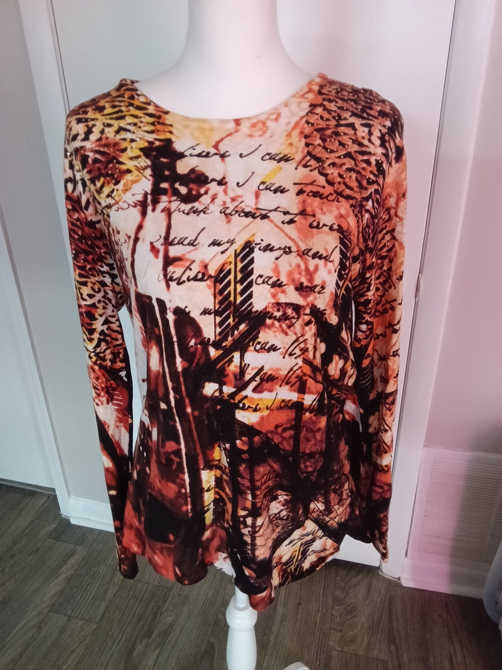 Peck & Peck Multi-Tone Abstract Script Long-Sleeve Top